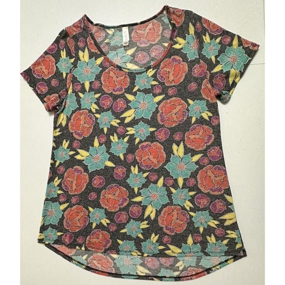 LuLaRoe Floral Print Short Sleeve T-Shirt Coral Turquoise Pattern High Low M - Picture 1 of 6